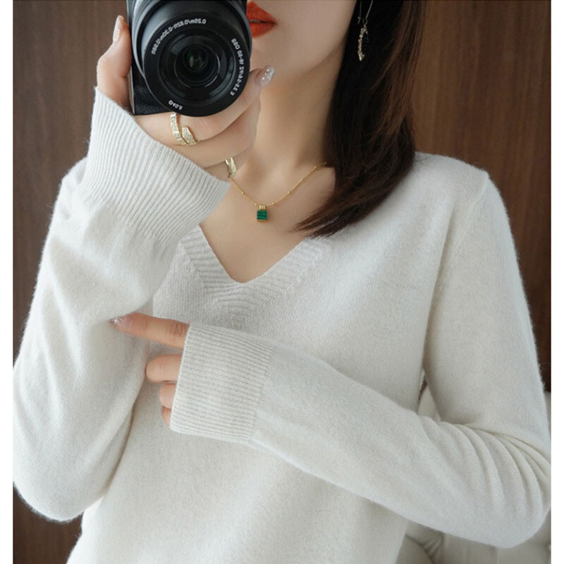 Sieviešu džemperis pavasara rudens trikotāžas džemperi V-veida kakla izgriezumā Slim Fit apakšā krekli Solid soft trikotāža Džemperi Pamata džemperi 2023