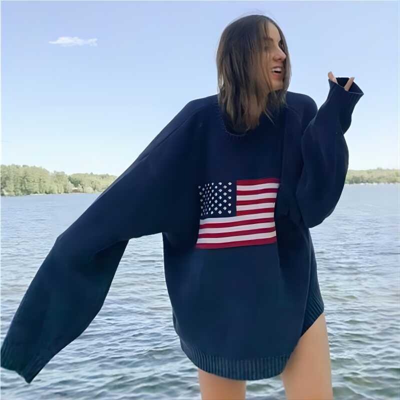 2023-as téli női zászlós pulóverek Vintage bő pulóverek, hosszú ujjú, kerek, hétköznapi Harajuku pulóverek Kötött ruha, fehér utcai viselet