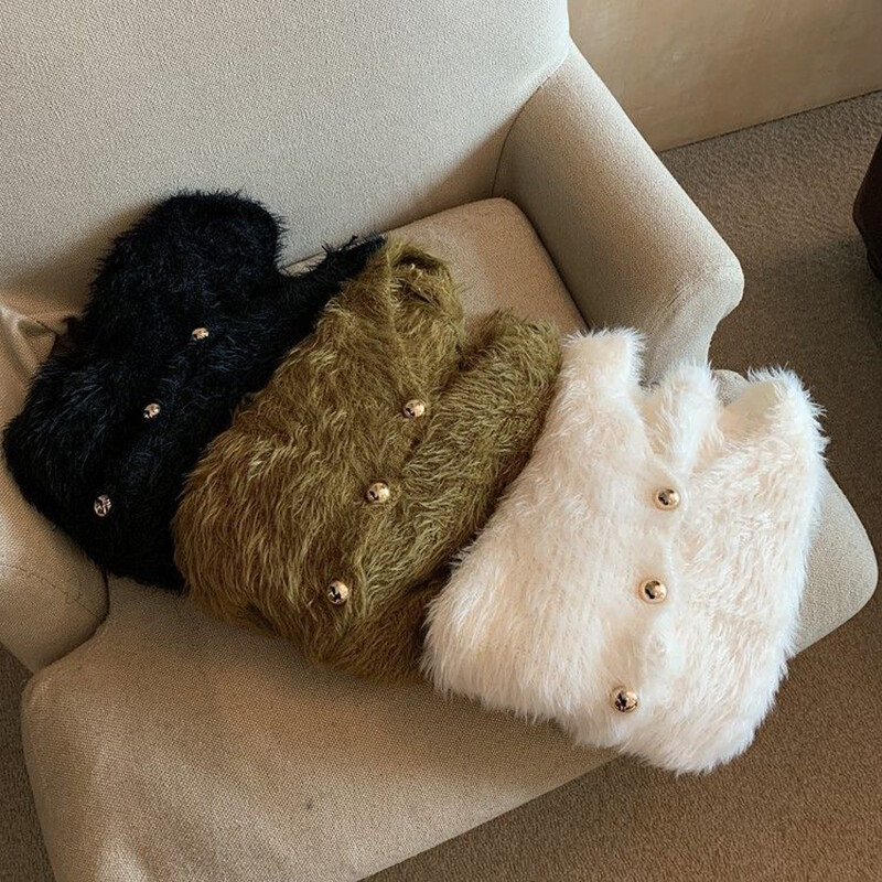 Cardigan tricotat Mohair decupat de epocă, pentru femei, cu decolteu în V, haină, îmbrăcăminte de stradă, coreeană, negru, alb, tricotaj, pulovere subțiri, solide, noi