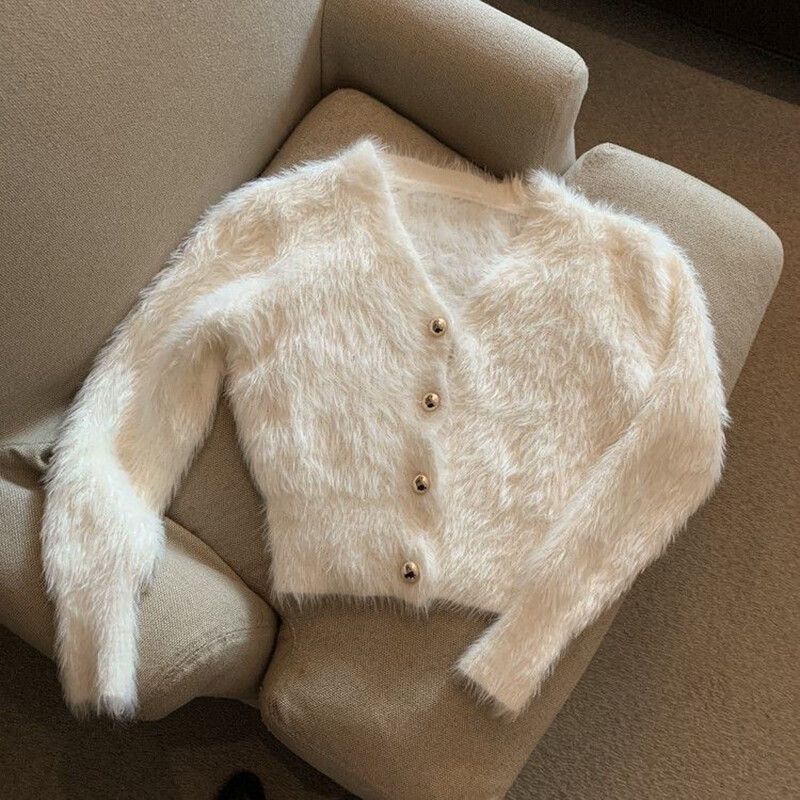 Cardigan tricotat Mohair decupat de epocă, pentru femei, cu decolteu în V, haină, îmbrăcăminte de stradă, coreeană, negru, alb, tricotaj, pulovere subțiri, solide, noi
