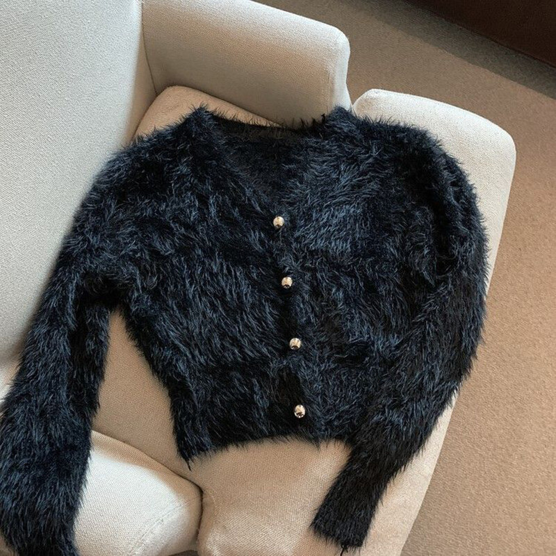 Cardigan tricotat Mohair decupat de epocă, pentru femei, cu decolteu în V, haină, îmbrăcăminte de stradă, coreeană, negru, alb, tricotaj, pulovere subțiri, solide, noi