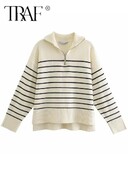 TRAF Női divat, laza csíkos aszimmetria kötött pulóverek Vintage hosszú ujjú cipzáras női pulóverek elegáns kötöttáru felsők