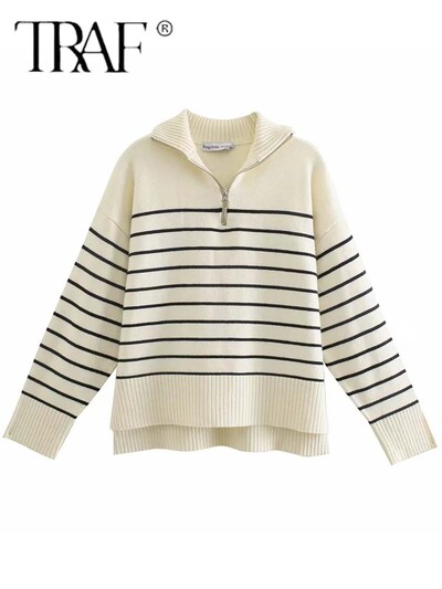 TRAF Női divat, laza csíkos aszimmetria kötött pulóverek Vintage hosszú ujjú cipzáras női pulóverek elegáns kötöttáru felsők