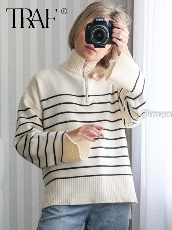 TRAF Női divat, laza csíkos aszimmetria kötött pulóverek Vintage hosszú ujjú cipzáras női pulóverek elegáns kötöttáru felsők