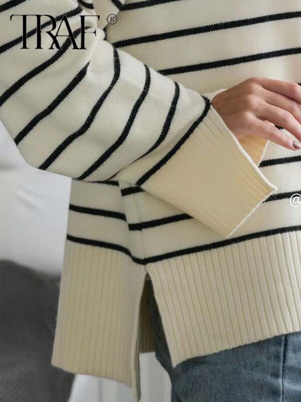 TRAF Női divat, laza csíkos aszimmetria kötött pulóverek Vintage hosszú ujjú cipzáras női pulóverek elegáns kötöttáru felsők