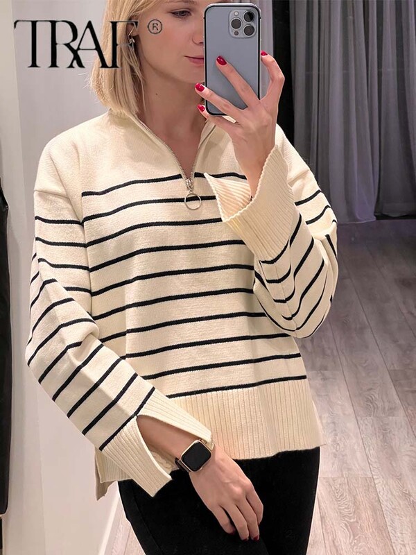 TRAF Női divat, laza csíkos aszimmetria kötött pulóverek Vintage hosszú ujjú cipzáras női pulóverek elegáns kötöttáru felsők