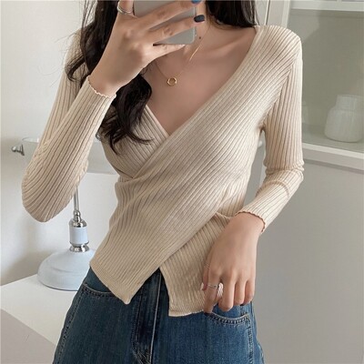 Φθινοπωρινά χειμωνιάτικα πλεκτά μπλουζάκια Γυναικεία πουλόβερ πουλόβερ Μόδα Γυναικεία μακρυμάνικα κοκαλιάρικα ελαστικά πλεκτά πουκάμισα με V λαιμόκοψη
