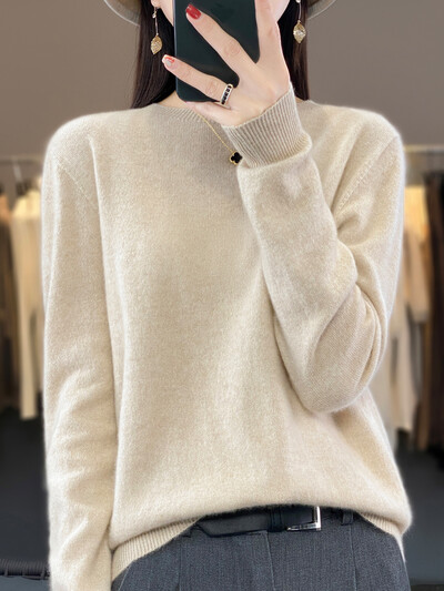 Jesen Zima Ženska odjeća Pulover Nova moda Pulover od 100% merino vune Topovi od kašmira Osnovna pletenina s O-izrezom dugih rukava