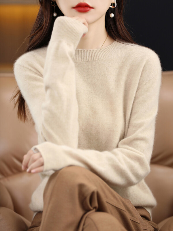 Jesen Zima Ženska odjeća Pulover Nova moda Pulover od 100% merino vune Topovi od kašmira Osnovna pletenina s O-izrezom dugih rukava