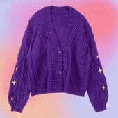 Cardigan tricotat vintage Y2k pentru femei Harajuku Star Pulovere calde Brodate Violet Manecă lungă lejeră Tricoturi Topuri pentru femei