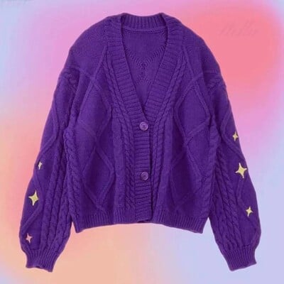 Cardigan tricotat vintage Y2k pentru femei Harajuku Star Pulovere calde Brodate Violet Manecă lungă lejeră Tricoturi Topuri pentru femei