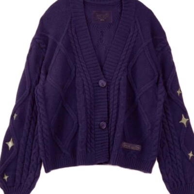 Cardigan tricotat vintage Y2k pentru femei Harajuku Star Pulovere calde Brodate Violet Manecă lungă lejeră Tricoturi Topuri pentru femei