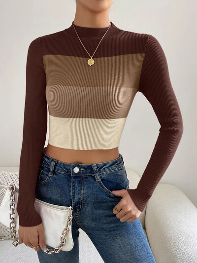 Akciós 2024 tavaszi női Crop Colorblock garbó bordás hosszú ujjú pulóver női kötöttáru pulóverek pulóverek