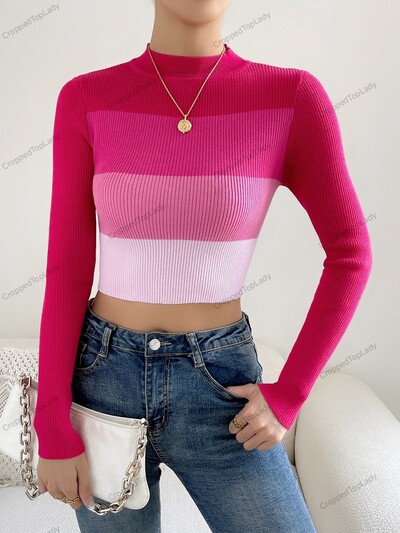 Akciós 2024 tavaszi női Crop Colorblock garbó bordás hosszú ujjú pulóver női kötöttáru pulóverek pulóverek