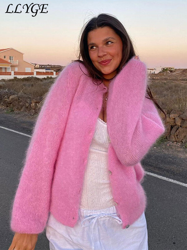 Ležerni pleteni džemper od mohera Ženski pulover slatkog O izreza Jednokopni džemperi dugih rukava Elegantna pletena odjeća za jesen 2024.