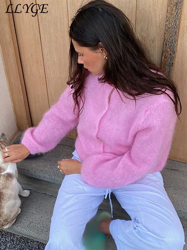 Ležerni pleteni džemper od mohera Ženski pulover slatkog O izreza Jednokopni džemperi dugih rukava Elegantna pletena odjeća za jesen 2024.