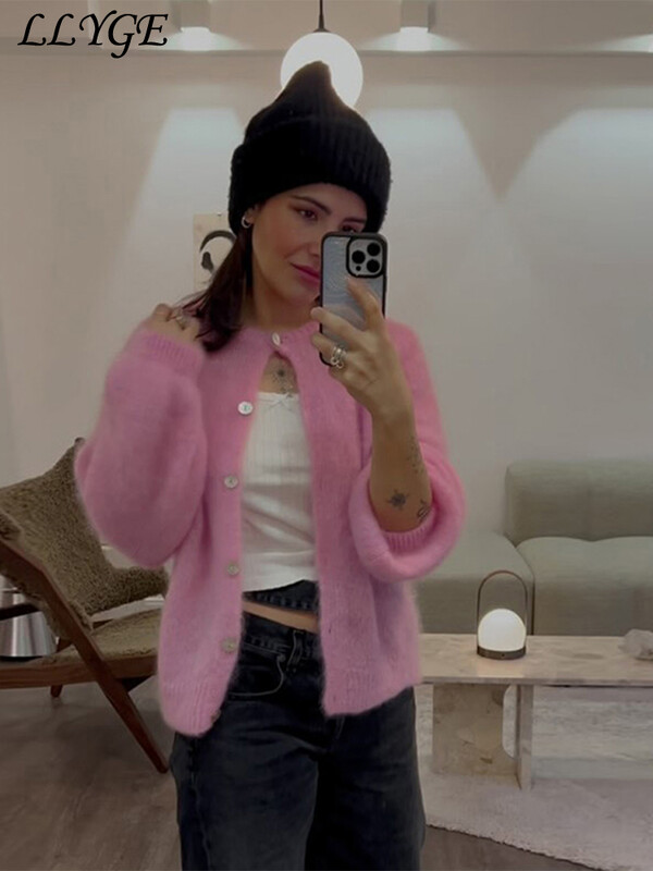 Ležerni pleteni džemper od mohera Ženski pulover slatkog O izreza Jednokopni džemperi dugih rukava Elegantna pletena odjeća za jesen 2024.