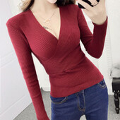 Σέξι γυναικείο πουλόβερ με βαθύ V λαιμόκοψη 2024 Νέα γυναικεία ρούχα Λεπτό κάτω πάτο Μεγάλο ελαστικό πλεκτό πλεκτό βαμβακερό μακρυμάνικο μπλουζάκι