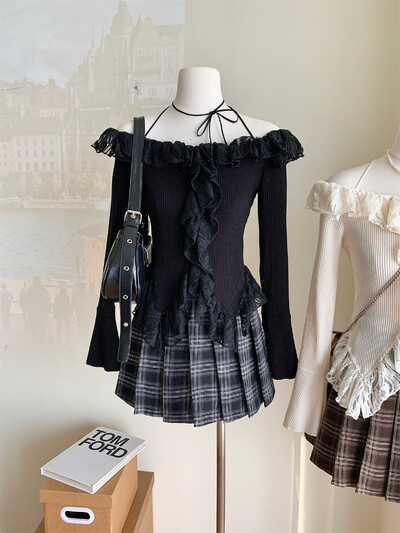 Sieviešu pavasara un rudens jauni mežģīņu savilkšanas trikotāžas izstrādājumi, neregulāri īss džemperis, piekarināms ar vienu plecu, seksīgs Y2K tops ar garām piedurknēm