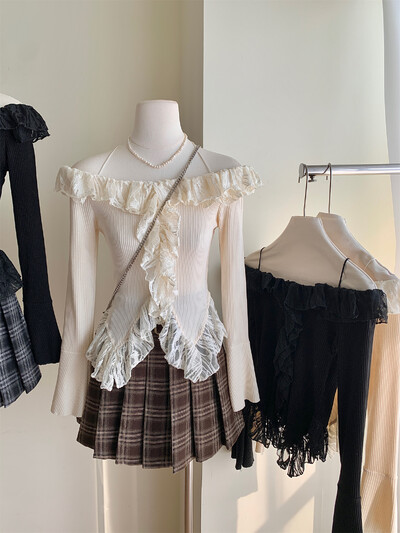 Sieviešu pavasara un rudens jauni mežģīņu savilkšanas trikotāžas izstrādājumi, neregulāri īss džemperis, piekarināms ar vienu plecu, seksīgs Y2K tops ar garām piedurknēm