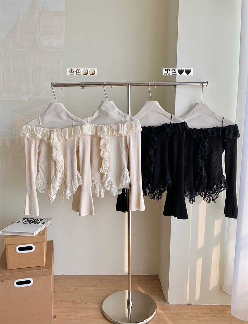 Sieviešu pavasara un rudens jauni mežģīņu savilkšanas trikotāžas izstrādājumi, neregulāri īss džemperis, piekarināms ar vienu plecu, seksīgs Y2K tops ar garām piedurknēm