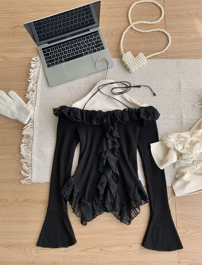 Sieviešu pavasara un rudens jauni mežģīņu savilkšanas trikotāžas izstrādājumi, neregulāri īss džemperis, piekarināms ar vienu plecu, seksīgs Y2K tops ar garām piedurknēm