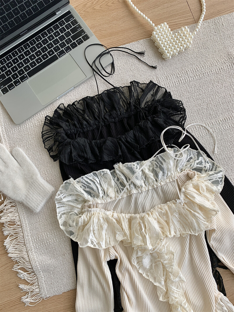 Sieviešu pavasara un rudens jauni mežģīņu savilkšanas trikotāžas izstrādājumi, neregulāri īss džemperis, piekarināms ar vienu plecu, seksīgs Y2K tops ar garām piedurknēm