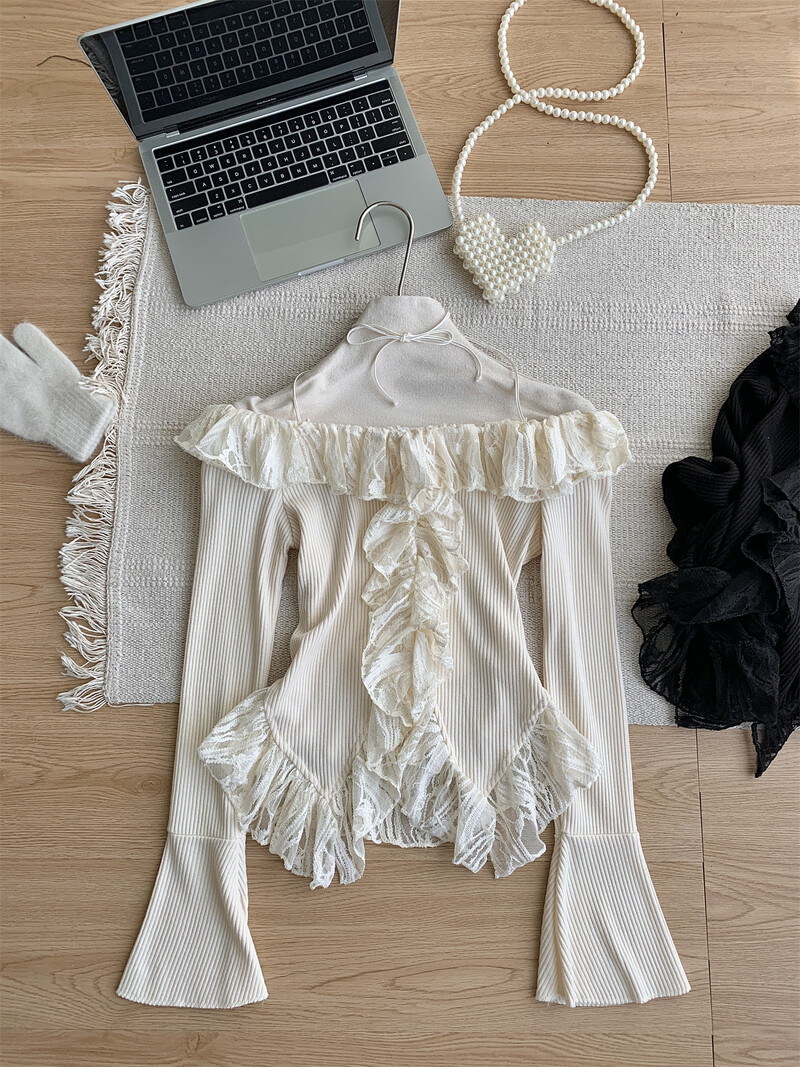 Sieviešu pavasara un rudens jauni mežģīņu savilkšanas trikotāžas izstrādājumi, neregulāri īss džemperis, piekarināms ar vienu plecu, seksīgs Y2K tops ar garām piedurknēm