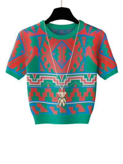 Nove mekane i prozračne pletene majice proljeće i ljeto 2024. u korejskoj verziji, ležerni modni pulover od geometrijskog pletiva kontrastnih boja