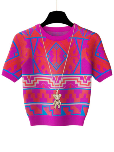 Nove mekane i prozračne pletene majice proljeće i ljeto 2024. u korejskoj verziji, ležerni modni pulover od geometrijskog pletiva kontrastnih boja