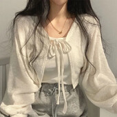 Ležerni pleteni kardigan Ženski modni tanki vrhovi od pletiva za zaštitu od sunca Y2k Skraćeni kaput za djevojke u korejskom stilu s lampion rukavima