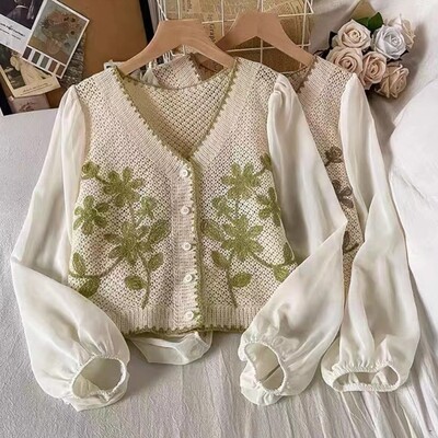 Cardigan din tricot cu croșetat de primăvară pentru femei, cu decolteu în V, cu mânecă lungă, broderie florală, retro, cu nasturi, tricotaje