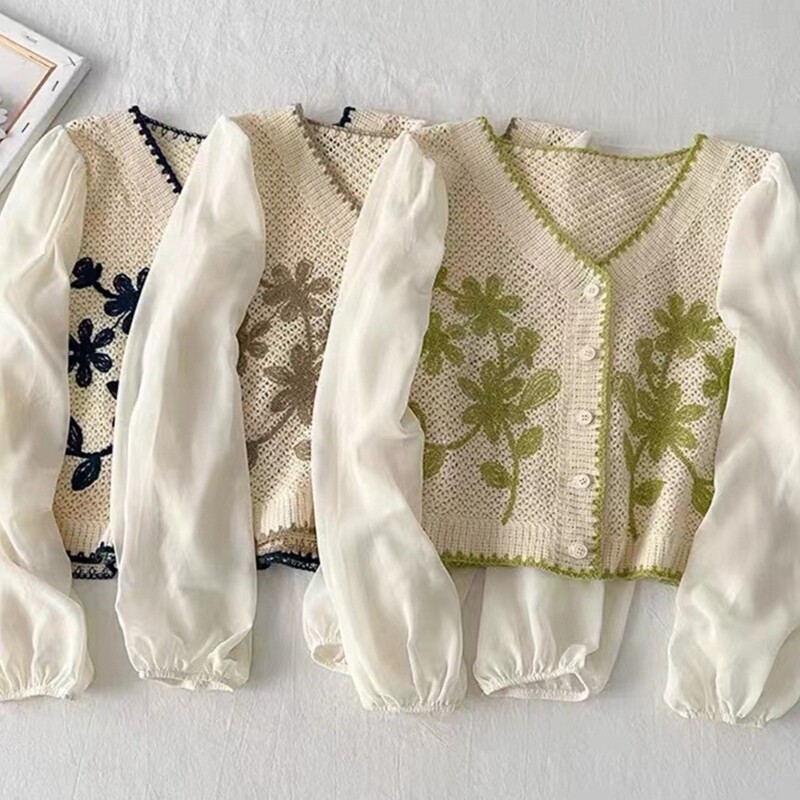 Tavaszi horgolt kötött női kardigán V-nyakú, puffos hosszú ujjú hímzett virágos retro gombos kötöttáru kabát