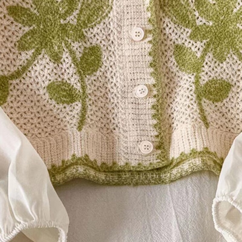 Tavaszi horgolt kötött női kardigán V-nyakú, puffos hosszú ujjú hímzett virágos retro gombos kötöttáru kabát