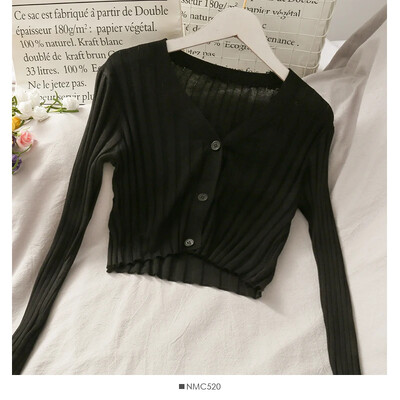 Sieviešu rudens pogas Up jaciņa krekls akrils ar garām piedurknēm V veida kakla izgriezumu, šaurs, apgriezts trikotāžas izstrādājums, rievotas trikotāžas plāns ciets, elastīgs tops ziemai