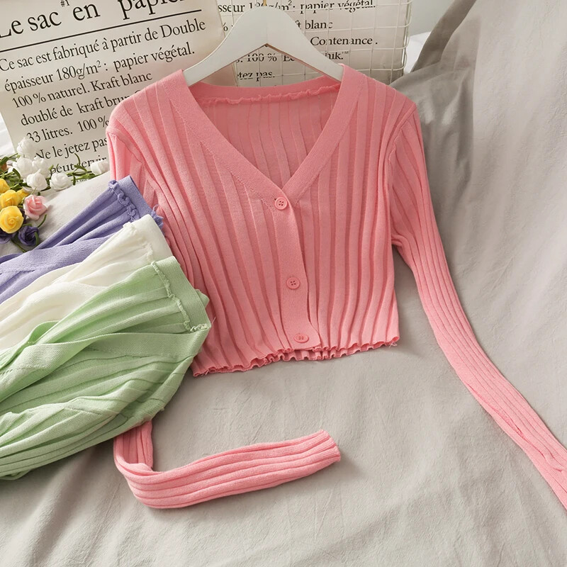 Sieviešu rudens pogas Up jaciņa krekls akrils ar garām piedurknēm V veida kakla izgriezumu, šaurs, apgriezts trikotāžas izstrādājums, rievotas trikotāžas plāns ciets, elastīgs tops ziemai