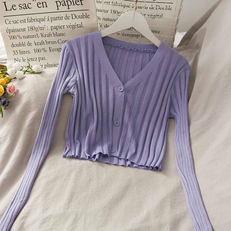 Sieviešu rudens pogas Up jaciņa krekls akrils ar garām piedurknēm V veida kakla izgriezumu, šaurs, apgriezts trikotāžas izstrādājums, rievotas trikotāžas plāns ciets, elastīgs tops ziemai