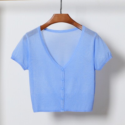 Korejiešu modes jaka Ledus zīda trikotāžas sieviešu džemperis ikdienišķs Crop ar īsām piedurknēm jaciņa trikotāža Sieviešu blūze, pieguļoši topi