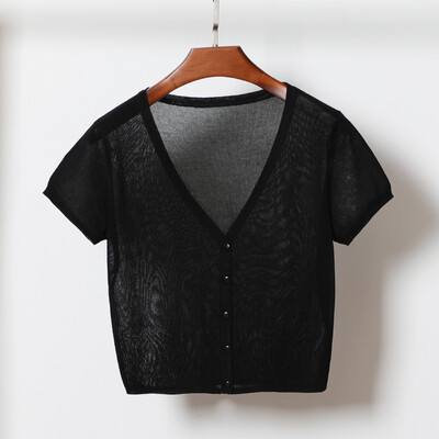 Korejiešu modes jaka Ledus zīda trikotāžas sieviešu džemperis ikdienišķs Crop ar īsām piedurknēm jaciņa trikotāža Sieviešu blūze, pieguļoši topi