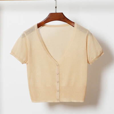 Korejiešu modes jaka Ledus zīda trikotāžas sieviešu džemperis ikdienišķs Crop ar īsām piedurknēm jaciņa trikotāža Sieviešu blūze, pieguļoši topi