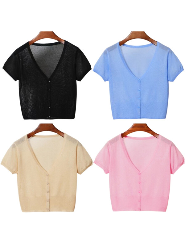 Korejiešu modes jaka Ledus zīda trikotāžas sieviešu džemperis ikdienišķs Crop ar īsām piedurknēm jaciņa trikotāža Sieviešu blūze, pieguļoši topi