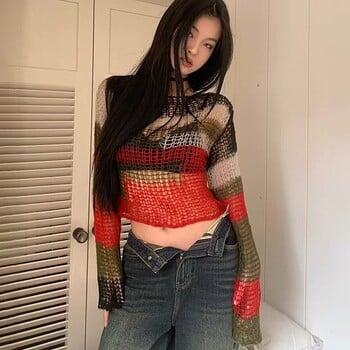 Karrram Y2k Aesthetics Crop Knit Tops Vintage Grunge Hollow Out Jumpers Японски пуловер с дупки от 2000 г. Корейски трикотаж Dongdaemun