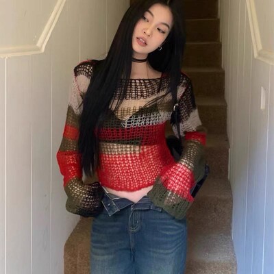 Karrram Y2k Aesthetics Crop Knit Tops Vintage Grunge õõnsad džemprid Jaapani 2000. aastate auguga pullover Korea Dongdaemuni kudum