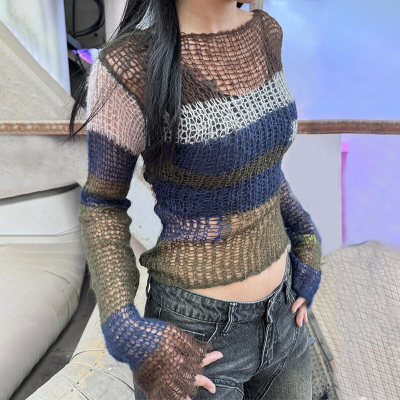 Karrram Y2k Aesthetics Crop Knit Topi Vintage Grunge dobi džemperi Japāņu 2000. gadu caurumu pulovers Korejas Dongdaemun Trikotāža