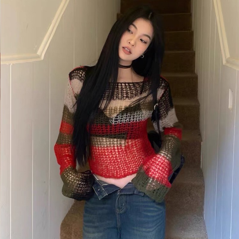 Karrram Y2k Aesthetics Crop Knit Topi Vintage Grunge dobi džemperi Japāņu 2000. gadu caurumu pulovers Korejas Dongdaemun Trikotāža