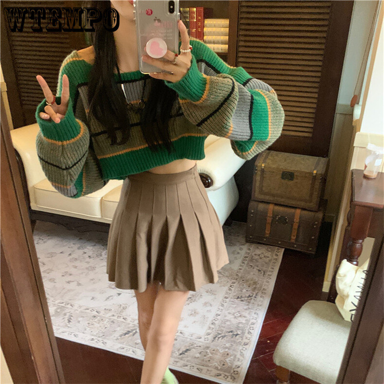 WTEMPO Tricoturi cu mânecă lungă pentru femei Pulover crop pentru damă Jachetă tricotată în dungi Pulovere sexy, scurte, cu bloc de culoare