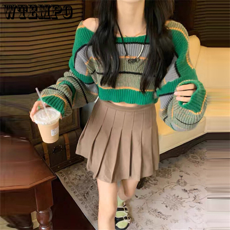 WTEMPO Tricoturi cu mânecă lungă pentru femei Pulover crop pentru damă Jachetă tricotată în dungi Pulovere sexy, scurte, cu bloc de culoare