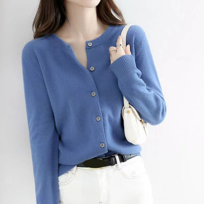 Korejski džemper s jednorednim kopčanjem Ženska pletena odjeća s dugim rukavima Jesen Zima O izrezom Ženske osnovne jednobojne mekane veste