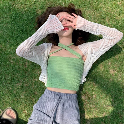 Ljeto, žene, tanki kardigan za zaštitu od sunca, pletena odjeća na vezanje, ženske korejske majice, kratki rukavi, ležerni, zaštićeni od sunca