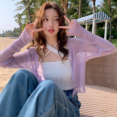 Ljeto, žene, tanki kardigan za zaštitu od sunca, pletena odjeća na vezanje, ženske korejske majice, kratki rukavi, ležerni, zaštićeni od sunca